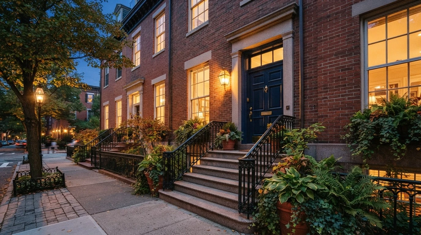 A brick row house on a city street at dusk