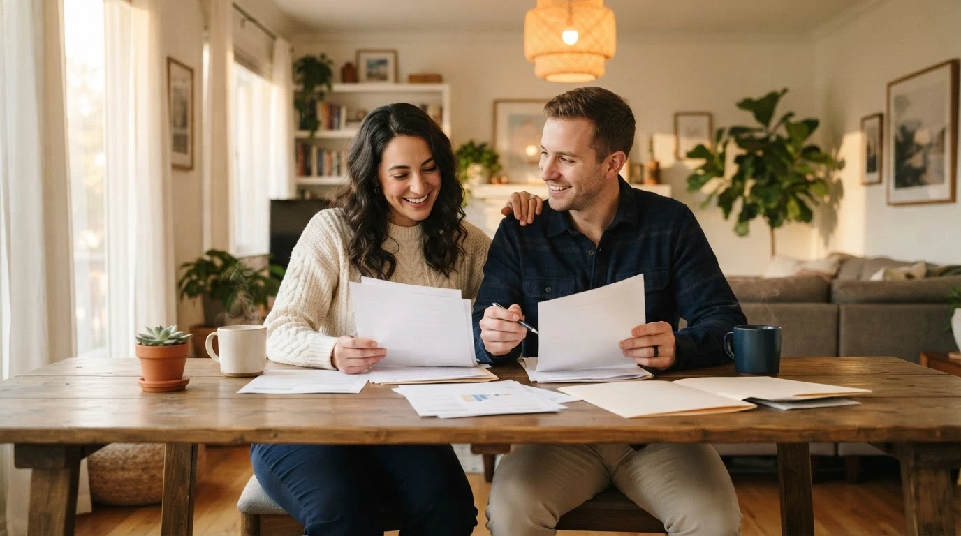 A couple going through paperwork together at their kitchen table