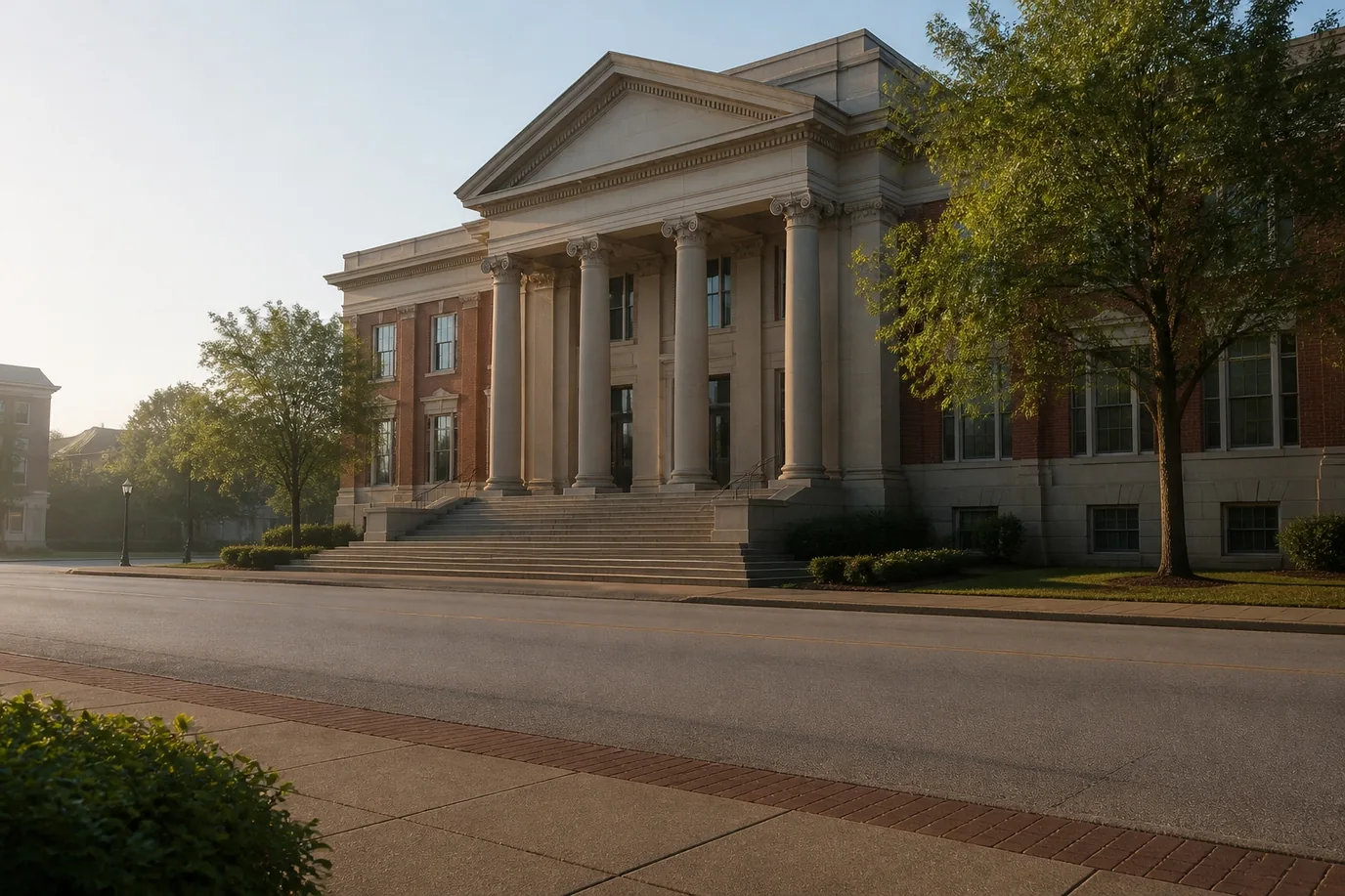 A county courthouse with stone columns on a quiet morning street