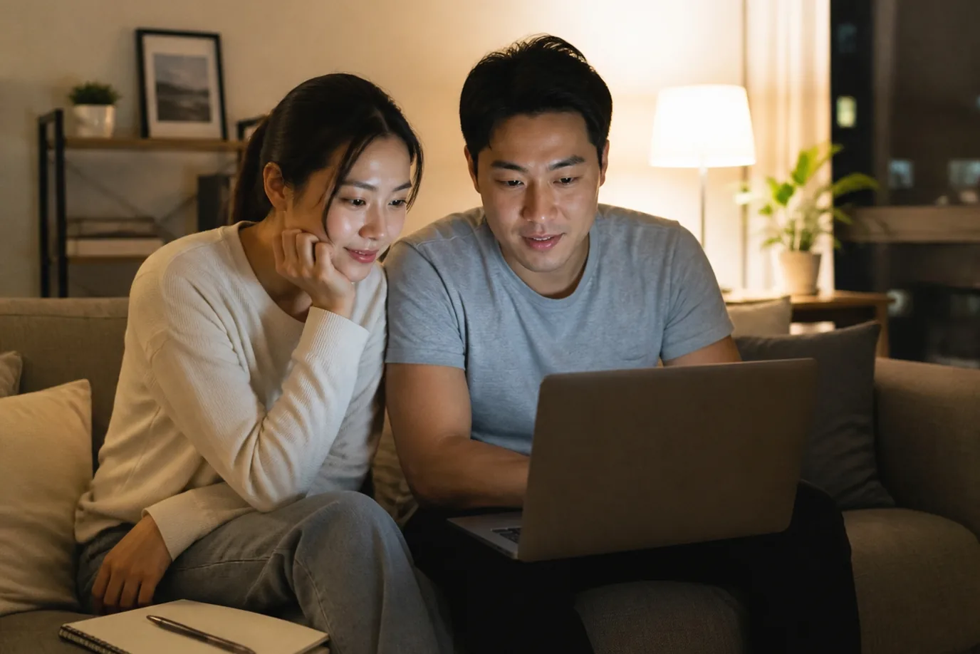 A couple on a couch looking at a laptop together