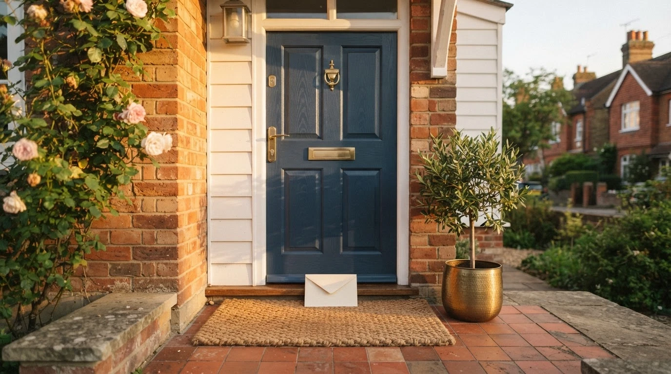 A letter left on the doormat in front of a front door