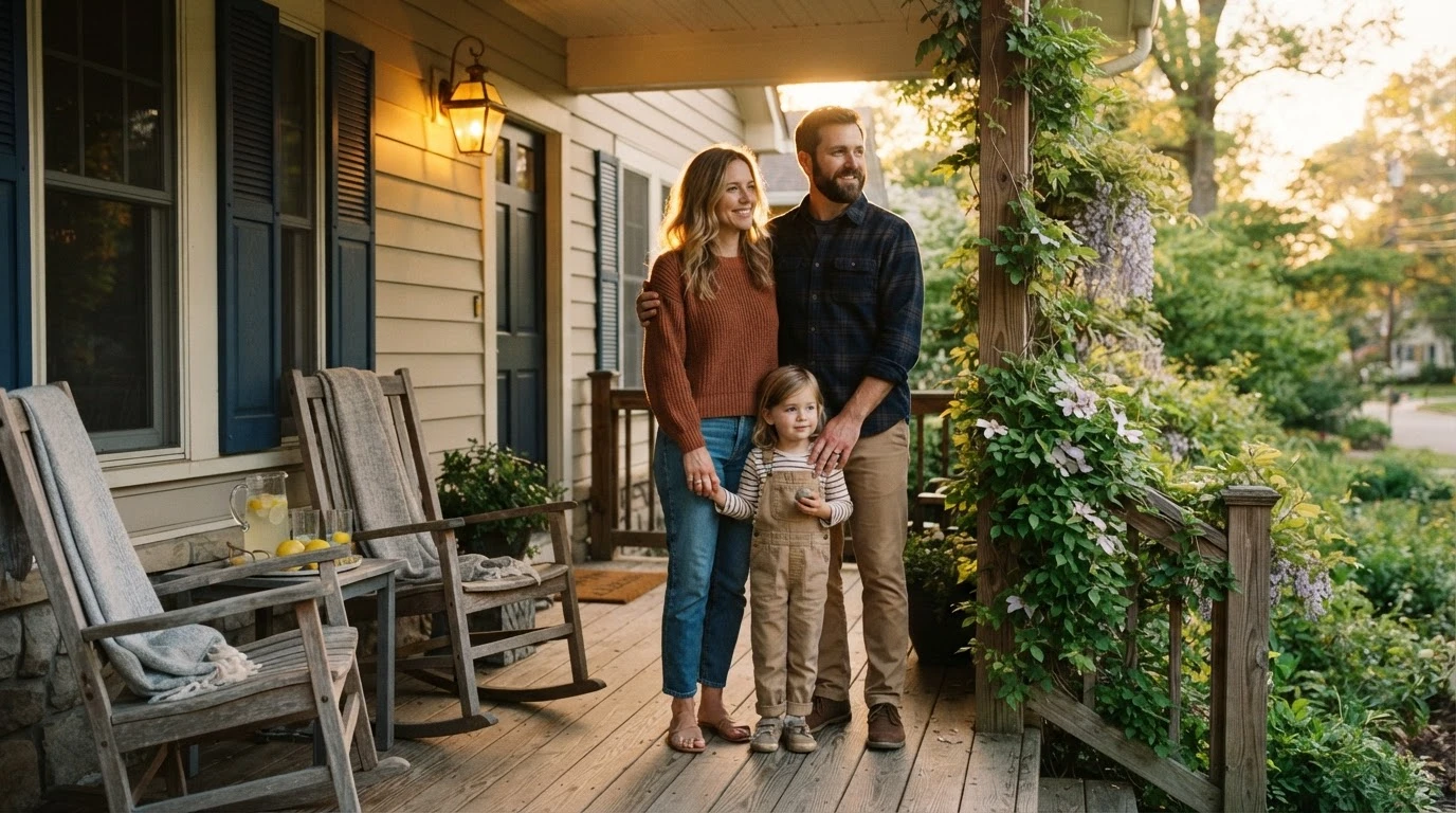 A family standing together on the porch of their home at sunset