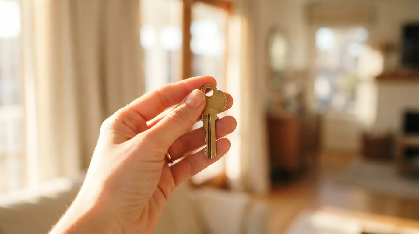 A hand holding a house key in a bright living room