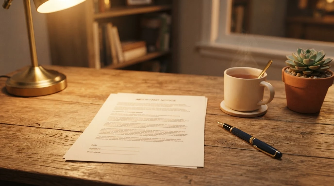 A legal notice on a desk beside a lamp and a cup of tea