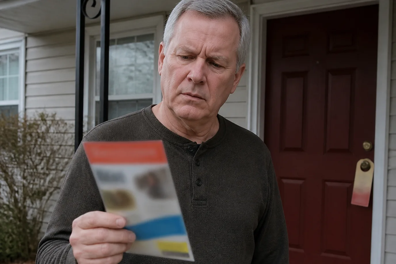 A man on his front porch looking doubtfully at a flyer