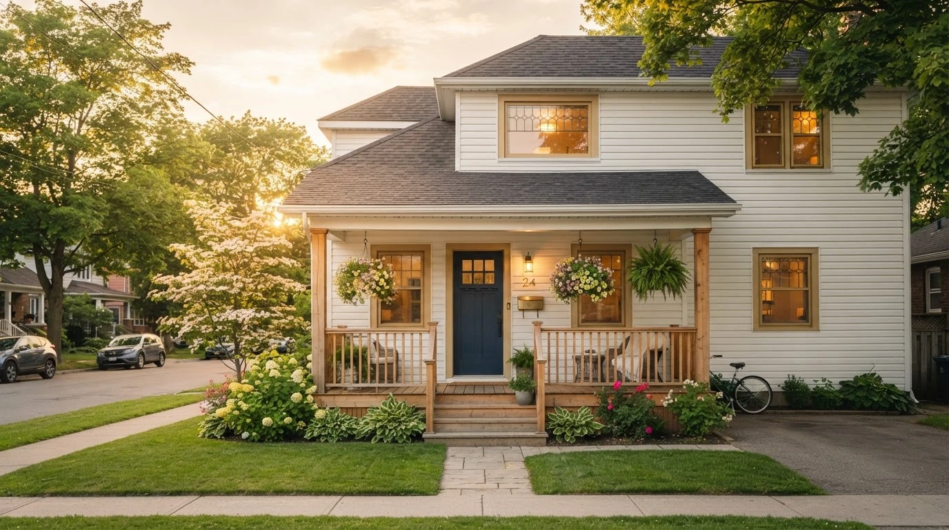 A well kept house with a covered porch at sunset