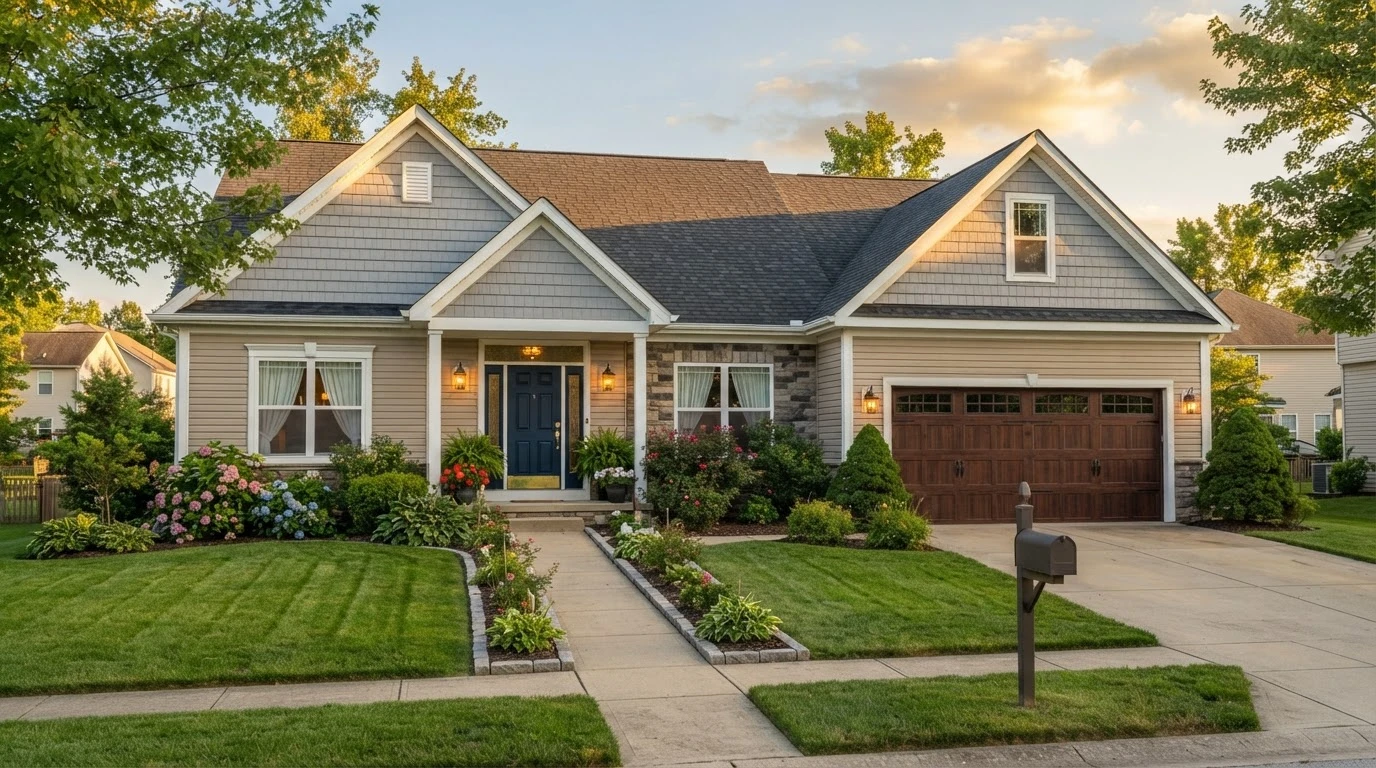 A tidy suburban house in the evening light