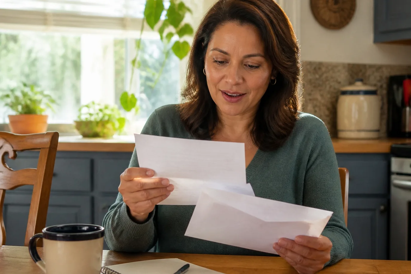 A woman at her kitchen table reading a letter beside its envelope