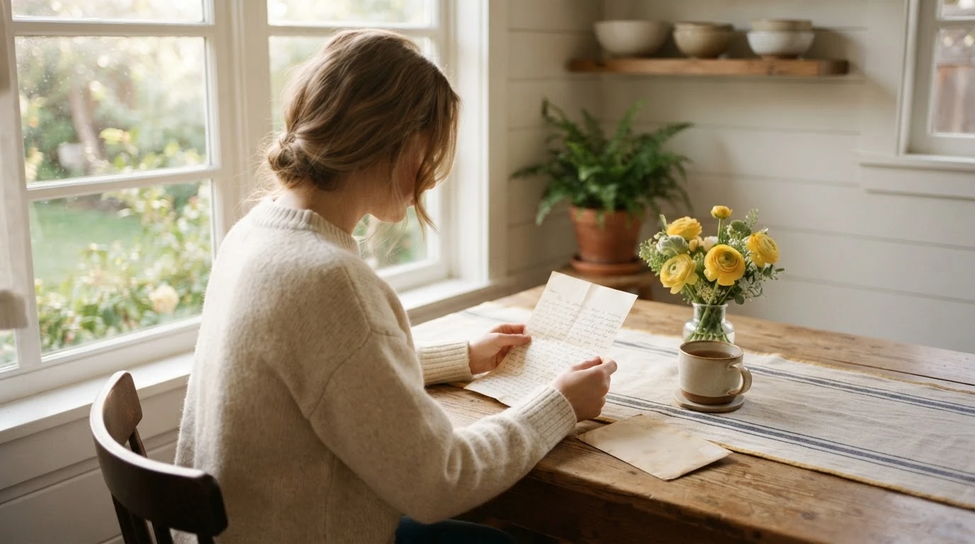 A woman reading a letter at her kitchen table
